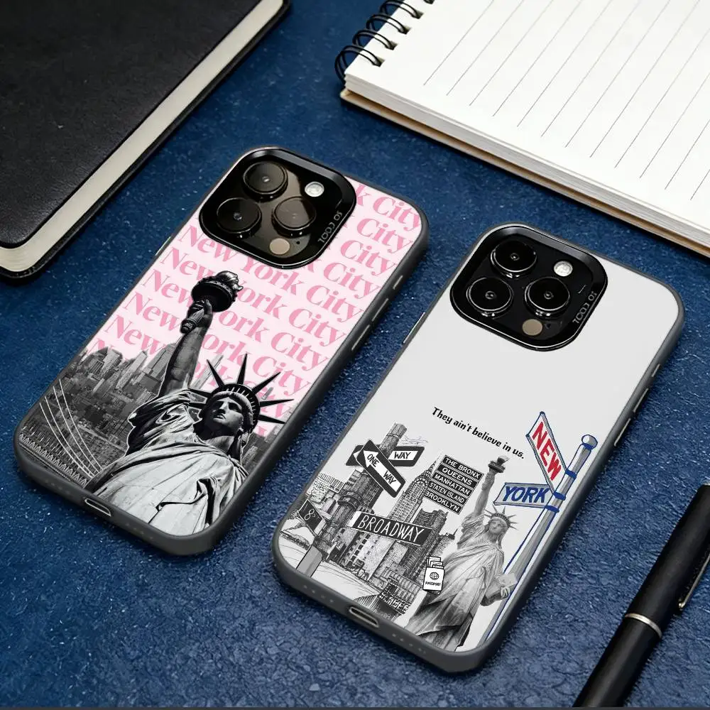 

N-New York City Phone Case For iPhone 17,16,15,14,13,12,11 Plus,Pro Max,XS,Colored Silver Plated Inside Cover