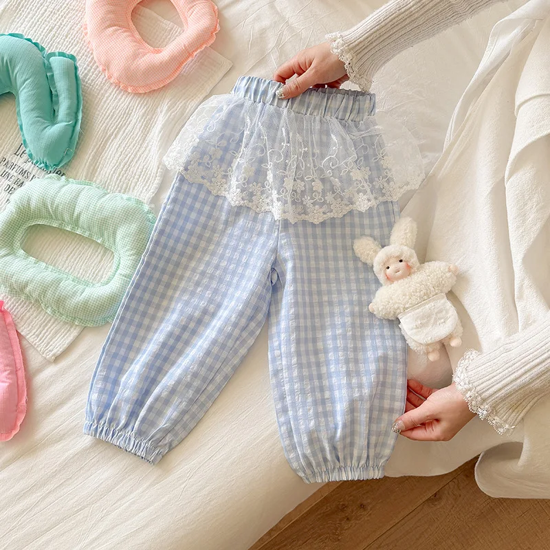 Girls' Pants 2026 Summer All Cotton Floral Plaid Mosquito Proof Girls Lace P Fashion Comfortable Pants