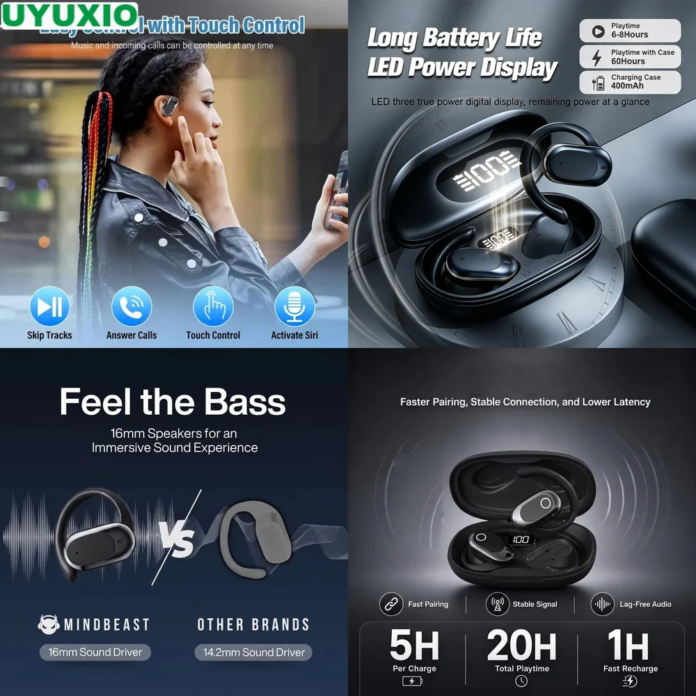 Open Ear Headphones and Wireless Headset featuring BT 5.4 IPX5 ENC Mic 90° Rotatable Hook 16mm Bass LED Display for Travel.