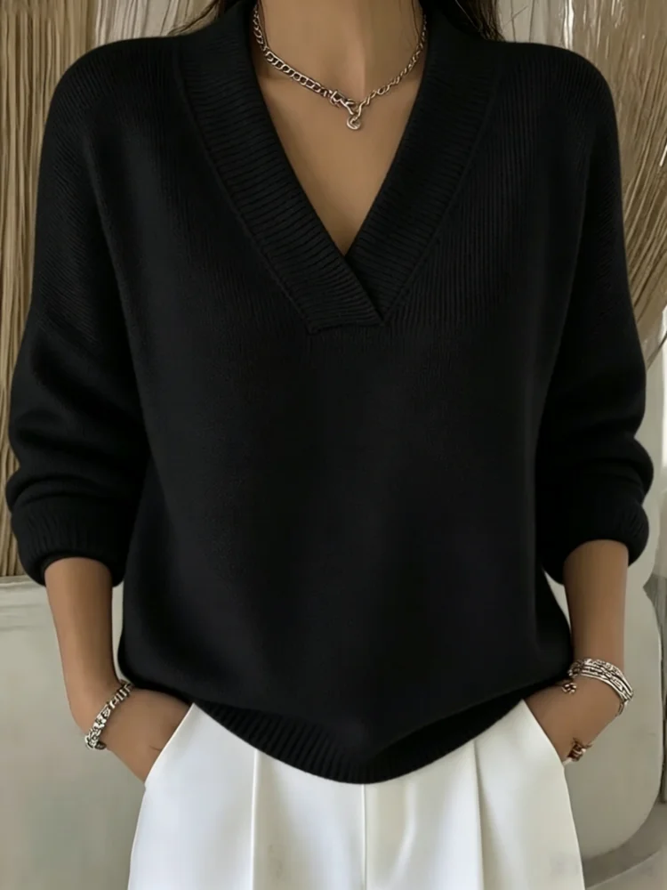 Europäische und amerikanische Plus-Size-Damenbekleidung, Herbst- und Winter-High-End-eleganter, lässiger, weicher Pullover mit V-Ausschnitt für Damen – Detail 8