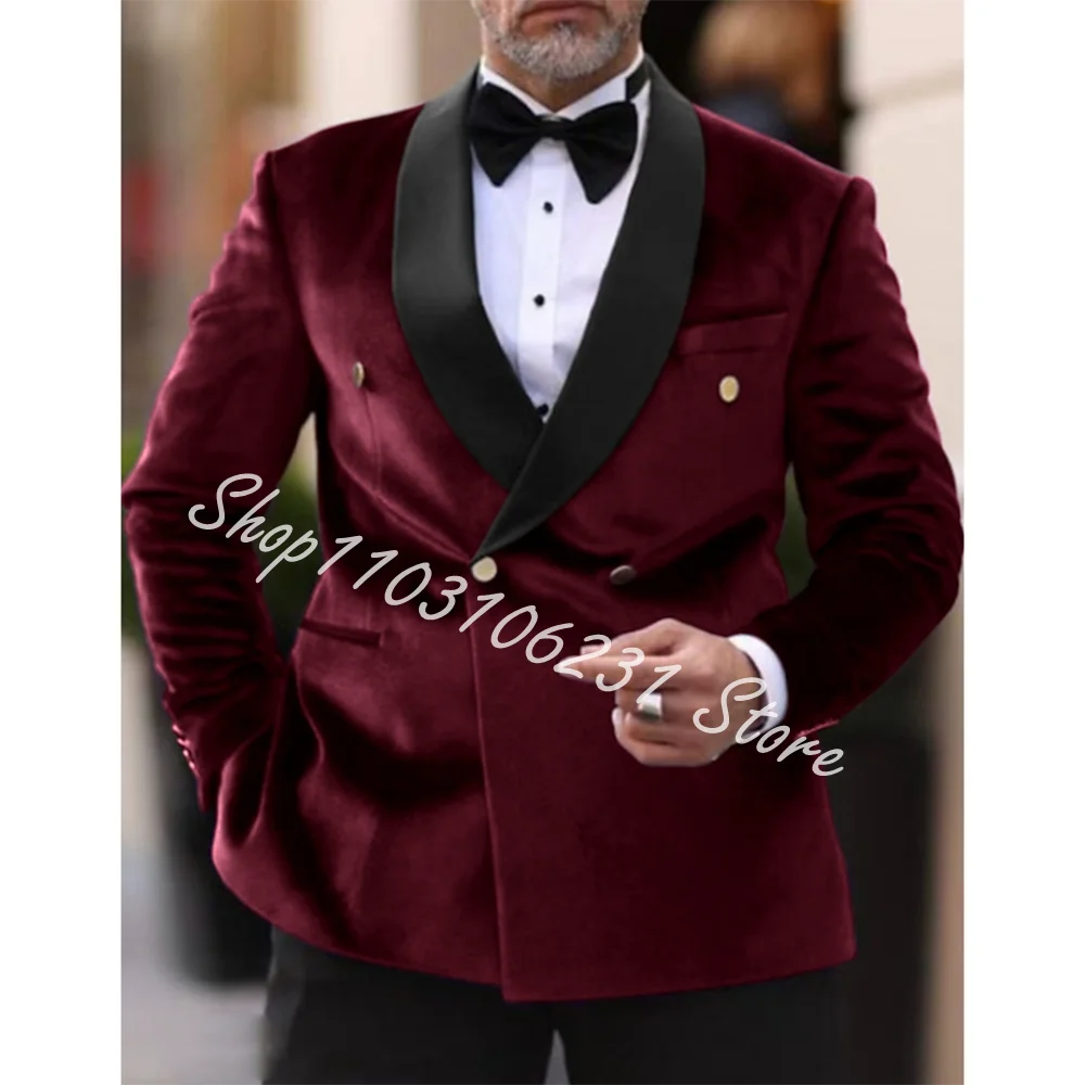 

Burgundy Men's Velvet Vintage Suits Formal Double Breasted Blazer Pants Groomsmen Bridegroom Wedding Tuxedos Trajes De Hombre