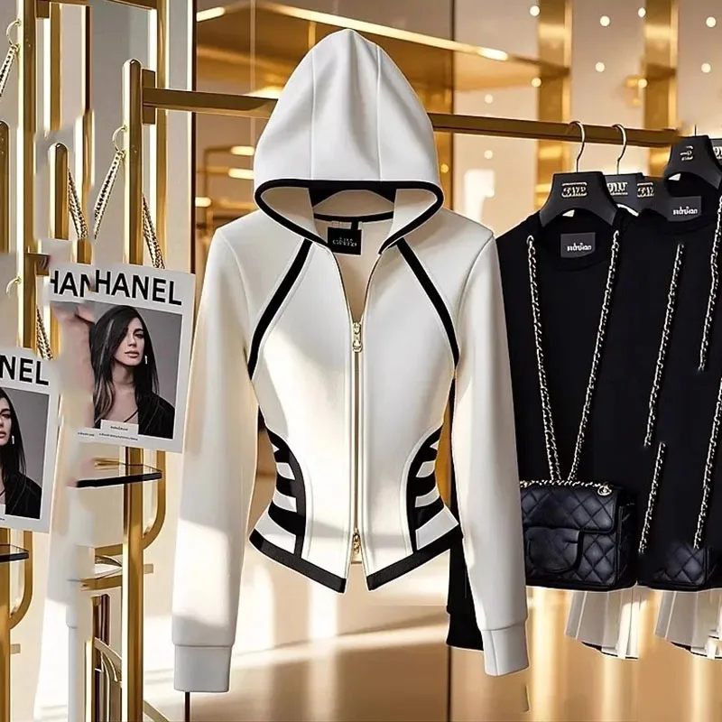 

2025 New Splicing Hooded Sweater Coat Women Autumn Winter Plus Size Temperament Popular Advanced Receive Waist Short Coat