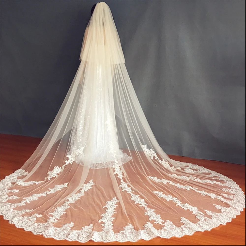 Lace Wedding Veil Long 2T Appliques Bridal Veils With Comb Cover Face Wedding Veil