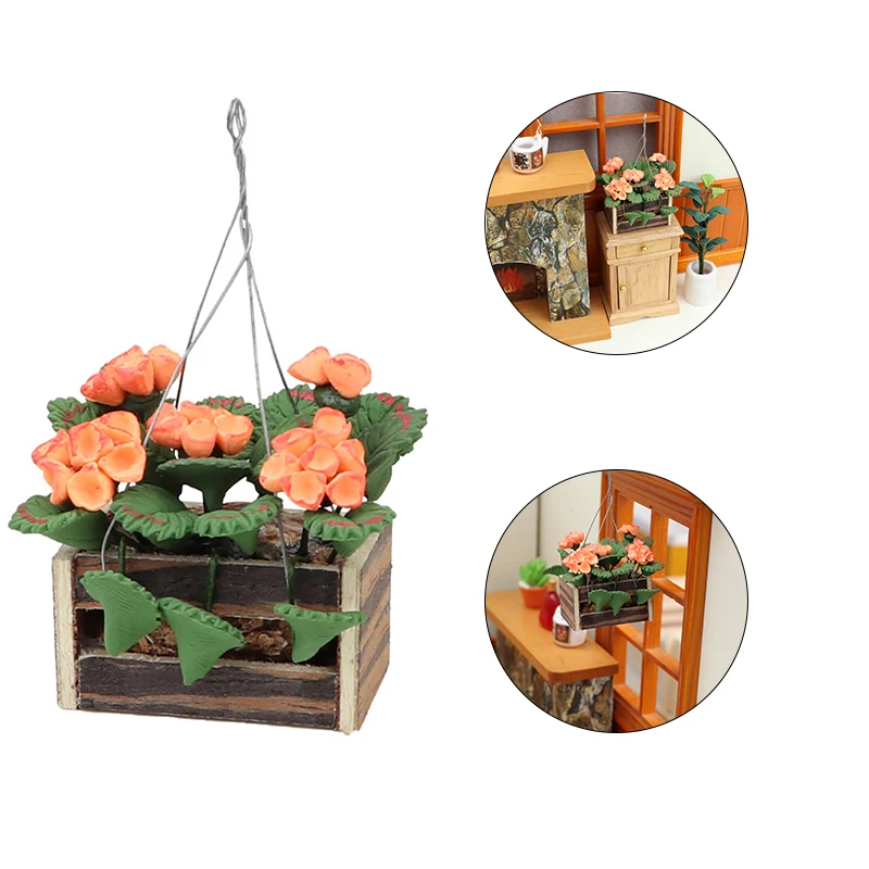 Cesta colgante en miniatura para casa de muñecas, planta en maceta, Mini maceta de hortensia, modelo de decoración de jardín, juguete, accesorios para casa de muñecas, 1:12