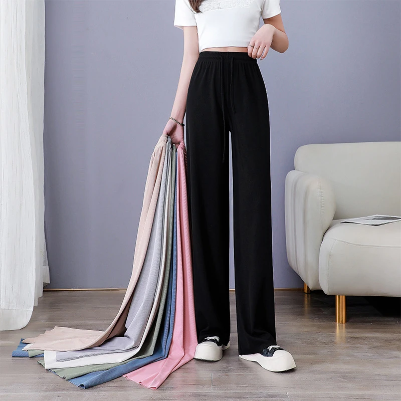 Wide Leg Pants for Women Spring Summer New High Waist Draping Loose Slim Straight Black Floor Length Casual Ice Silk Pants