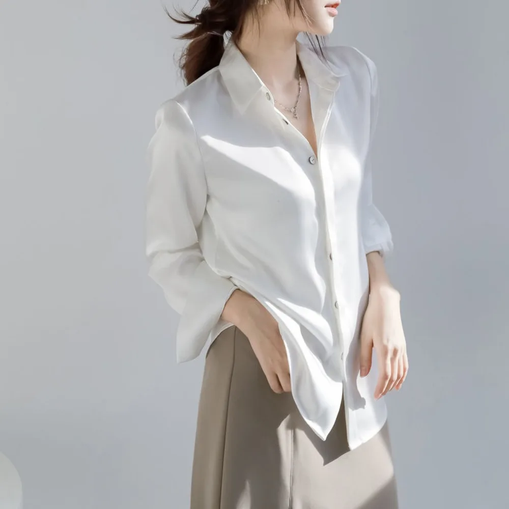 2024 Summer New Simple Commuting Professional Shirt for Women High Grade Elegance, Draping Silk Smooth Shirt for Women Clothing