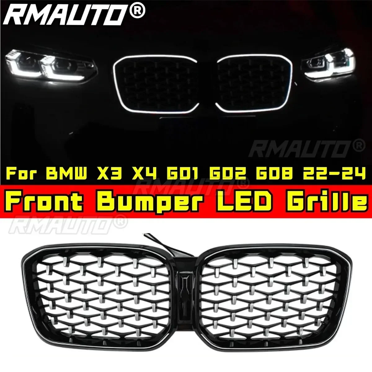 For G01 LED Grill Car Front Racing Grille Front Bumper LED Grille For BMW X3 X4 X3M X4M G01 G02 G08 2022-2024 Car Accessories