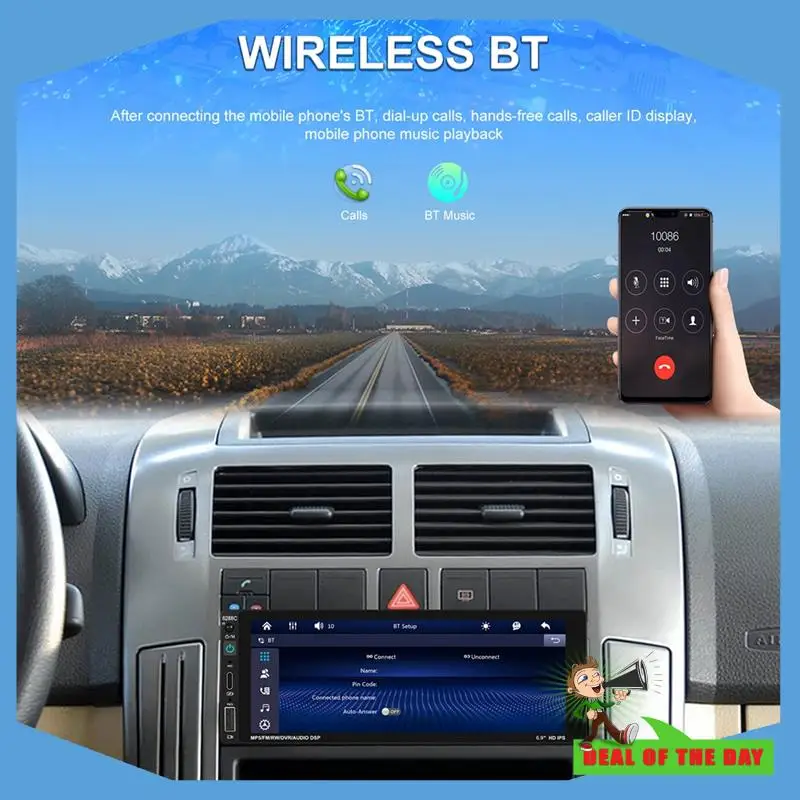 

Touchscreen Single Din Car Stereo Black Player 6.9Inch Wired Carplay Android Auto Car Radio, Bluetooth FM USB Type-C Charging