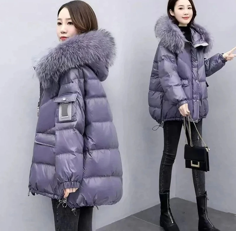 

Winter New Warm Down Cotton Jacket Fur collar Hooded Coat Loose Women Thicken Parker Puffer Overcoat Casual wear