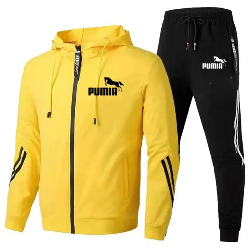 Fato de treino masculino, moletom com capuz, moletom casual estampado esportivo, roupa de corrida, outono, inverno, 2 peças