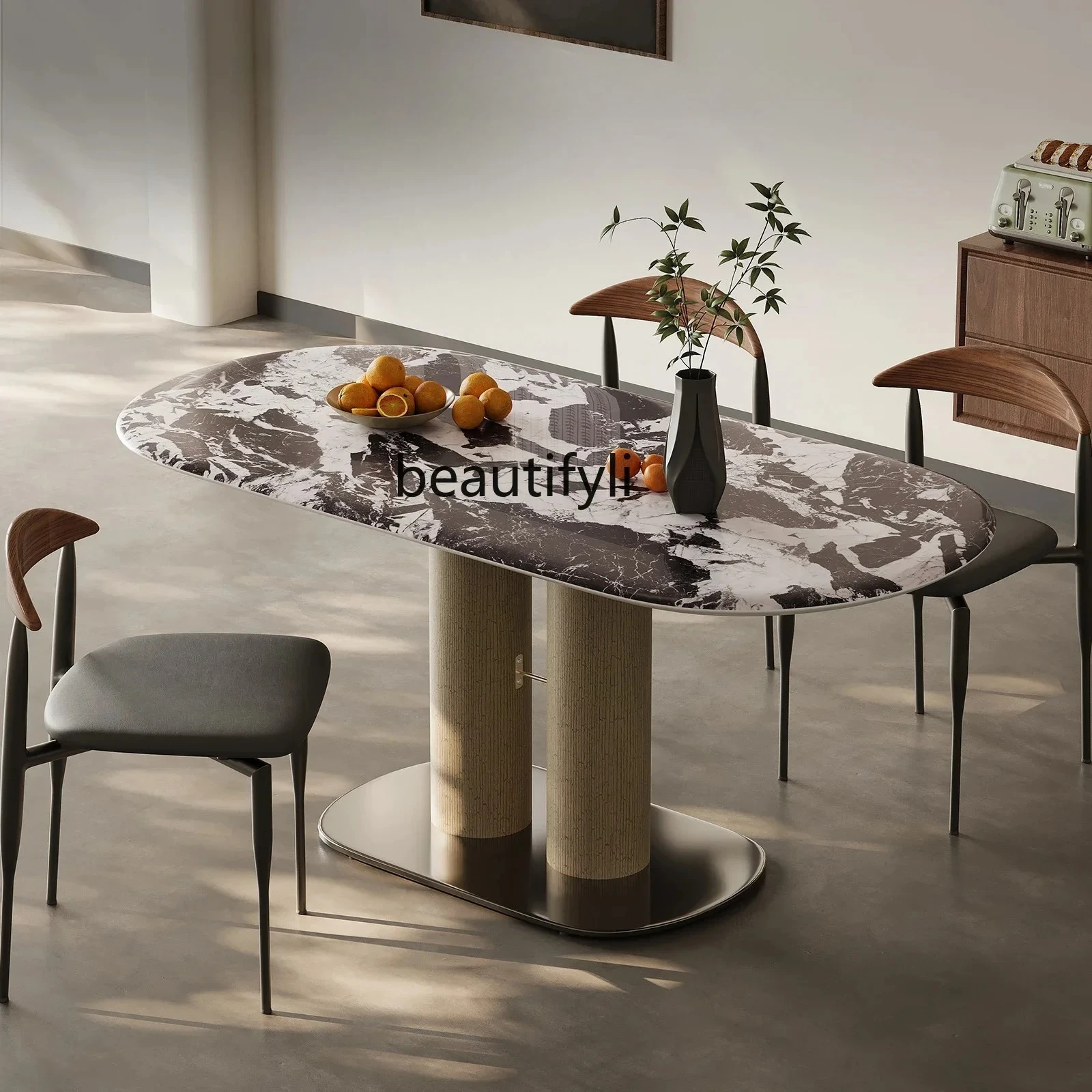 

Italian light luxury marble dining table and chair combination small apartment oval designer restaurant dining table high-end