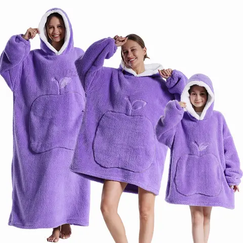 Inverno quente flanela sólida maçã roupões de banho longos crianças oversized hoodies roupas da menina adolescente família combinando pijamas roupões cobertor tv