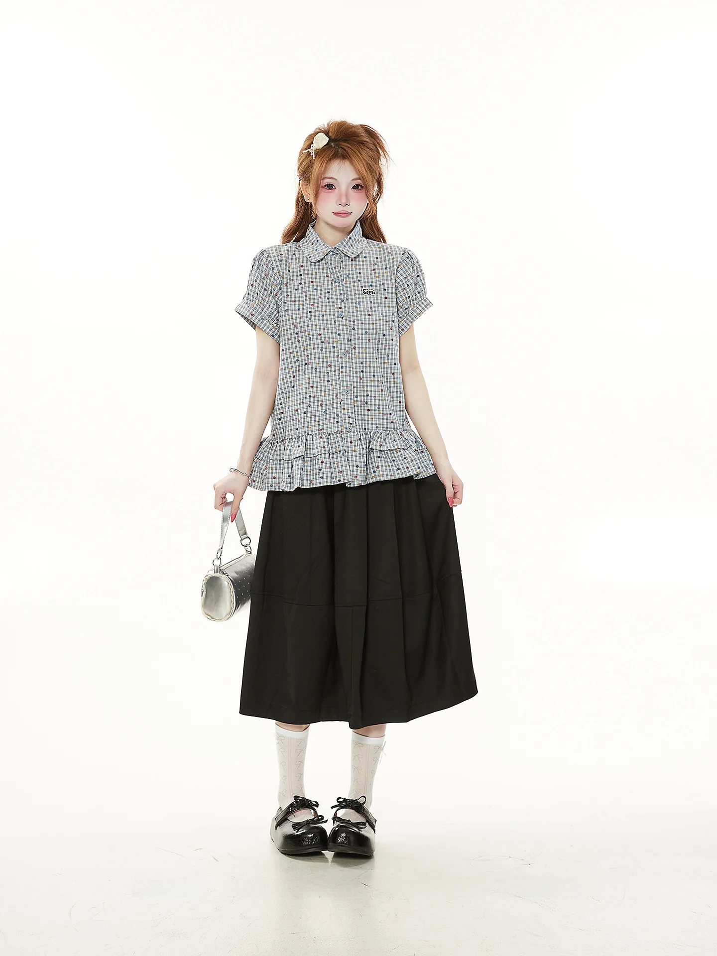 

Polka Dot Plaid Women's Short Sleeve Shirt Summer Unique Design College Style Bubble Sleeve Cotton Korean Straight Cut