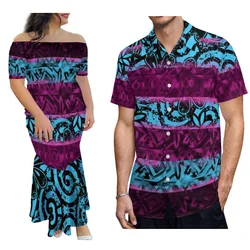 Polynesian Tribe Hawaiian Elegant Print Custom Fashion Couple Women'S Sexy Off-The-Shoulder Dress With Men'S Top