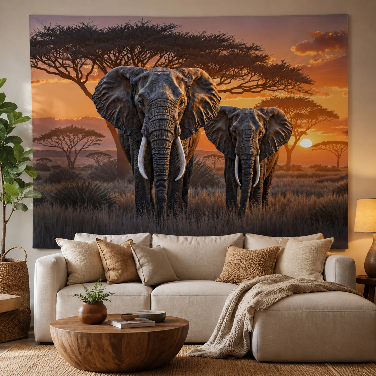 African Elephant Wall Tapestry Polyester Wild Animal Savannah Landscape Wall Hanging Aesthetic Room Decor Cloth Tapestries