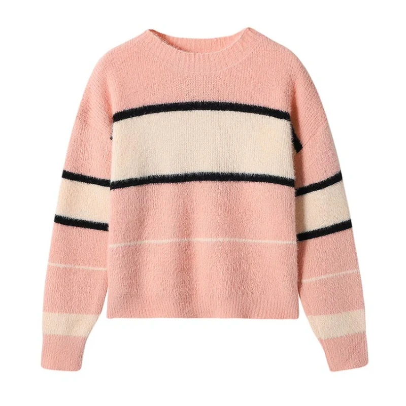 

2026 New Autumn Winter Women Crew Neck Long Sleeve Knitted Sweater Color Blocking Fashion Casual Short Pullover Tops