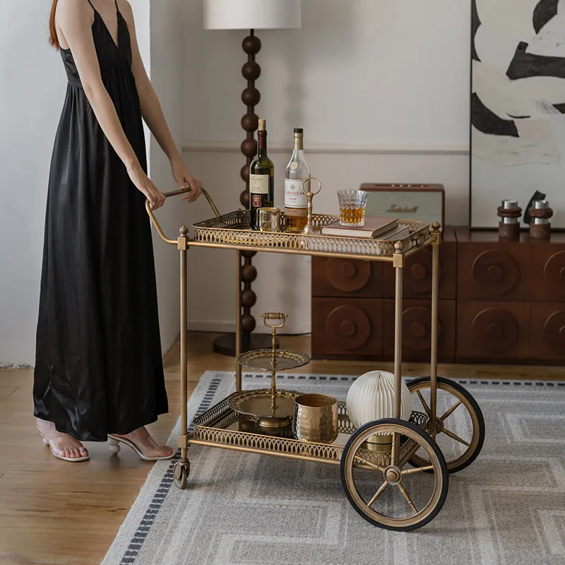 Vintage French Style 4-Wheel Iron Glass Storage Rack Mobile Cart Sofa Side Table Light Luxury Living Room Shelf Dining Car