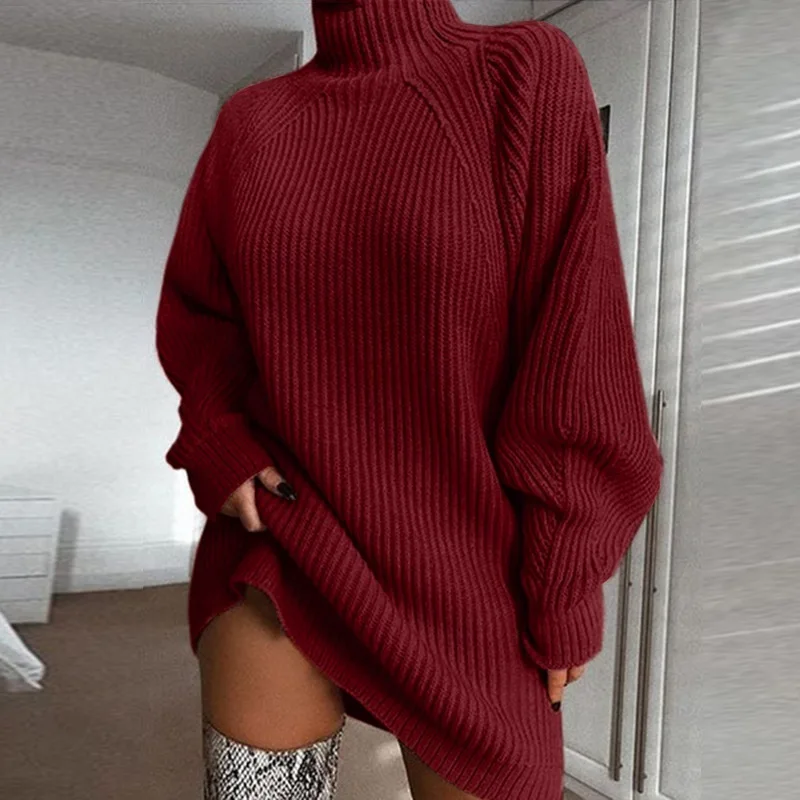 New autumn and winter women's knitted sweater, mid to long style with shoulder sleeves and half high neck sweater dress