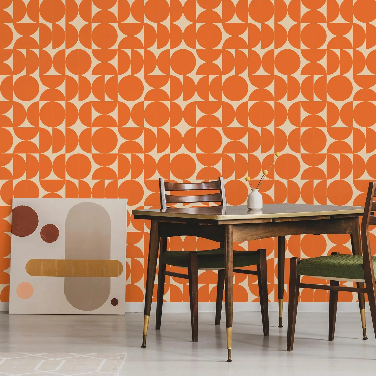 Geometric Wallpaper Peel and Stick,Orange Wall Paper For Living Room Decor,Retro Whimsical 70's Traditional Non-woven Wall Mural