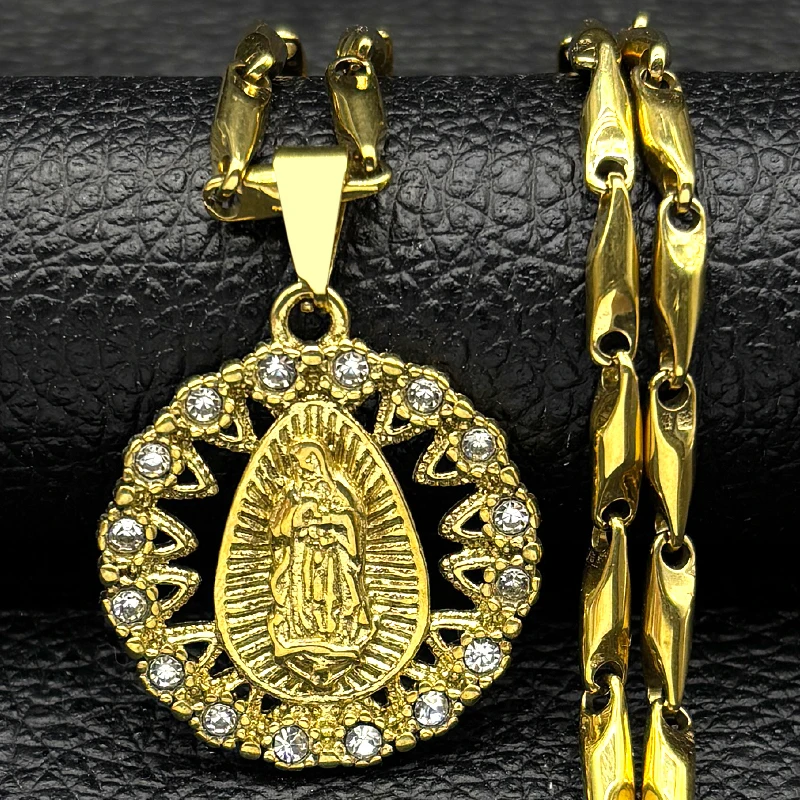 

Virgin Mary Rhinestones Pendant Necklace for Women Men Stainless Steel Catholic Gold Silver Color Guadalupe Amulet Jewelry