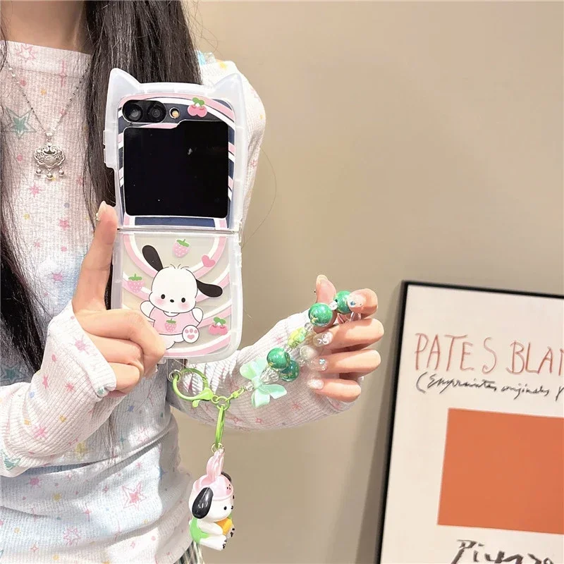 Funda de teléfono Sanrio Pochacco con dibujos animados 3D para Samsung Galaxy Z Flip 6 5, funda transparente de TPU suave para Z Flip 3 4 con cordón