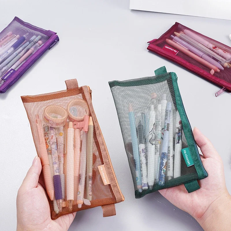 

Mesh Cosmetic Storage Bag Simple Zipper Pencil Case Clear Stationery Bag Makeup Pouch Portable Travel Handbag Women Beauty Tools