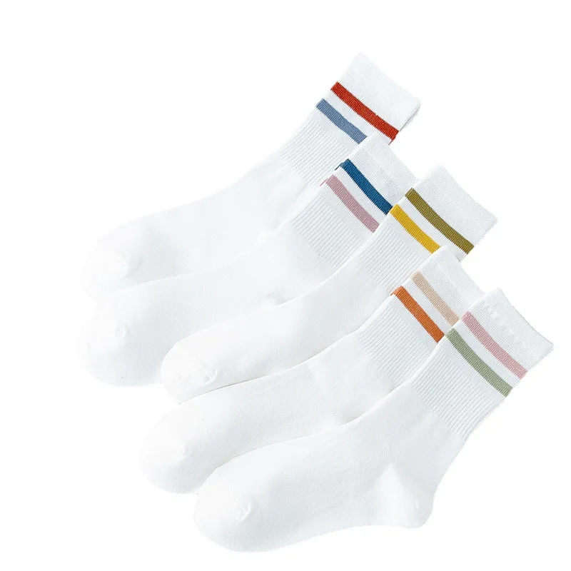 5 Pairs Women White Tube Socks Parallel Bars Sports Casual Socks Contrast Color High Elastic Stripe Stockings All-Match Men and