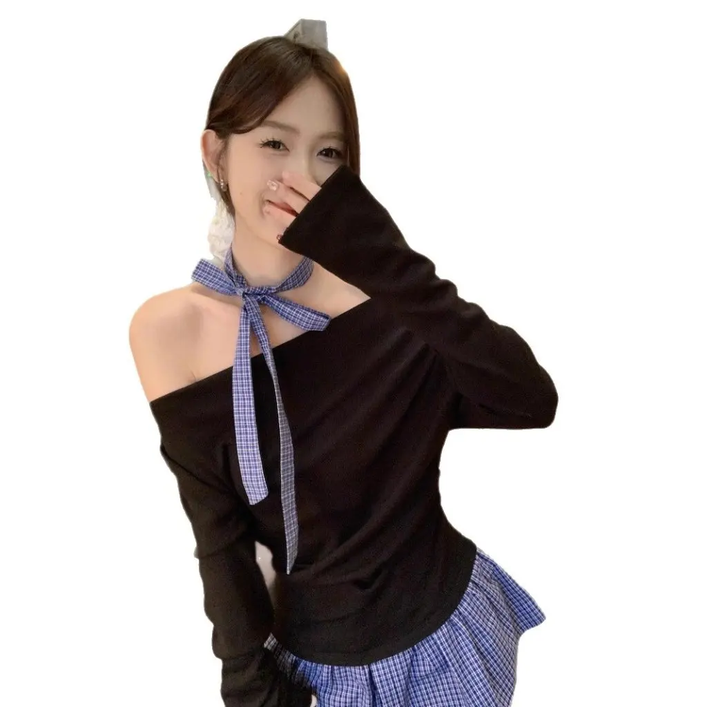 

Chic Plaid Long Sleeve Slim Fit Women's T-shirt Shoulder Bared Patchwork Elegant Fashionable Winter Top Quality Material
