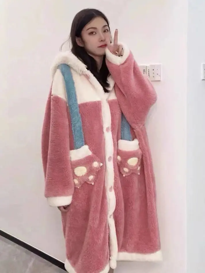 Winter Fleece Long Robes with Bow Ear Hooded Loose Pajama Top Thick Warm Kawaii Sleepwear Cute bathrobe women night gown