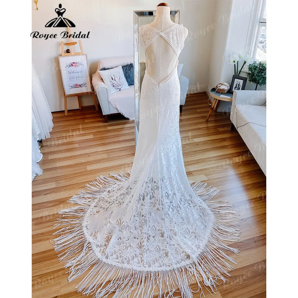 Sereia laço boho tassel boêmio vestido de casamento para as mulheres aberto volta 2023 chique vestidos de noiva feito sob encomenda noiva encantador