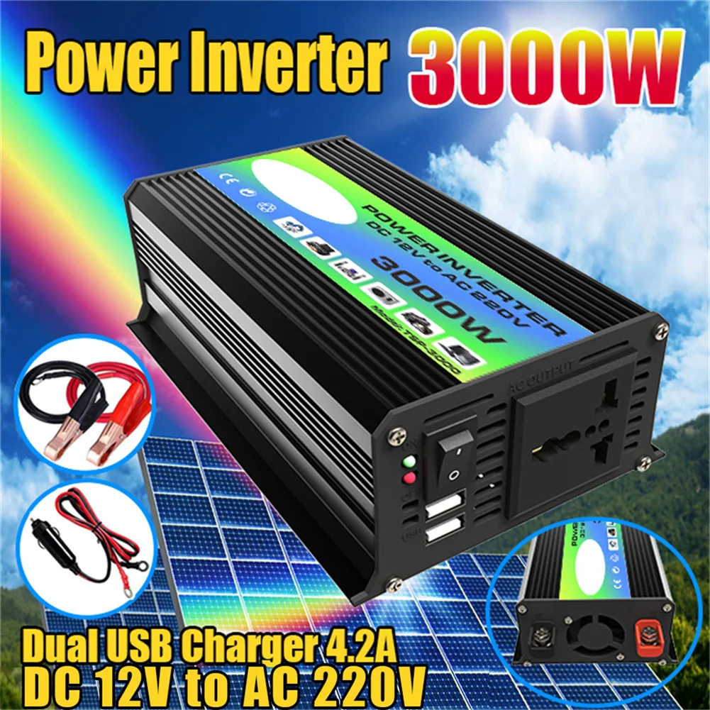 DC 10.5V~15V 3000W Car Power Inverter Dual USB Ports Car Charger Adapter Transformer LED Green&Red Work Lights Car Inverters