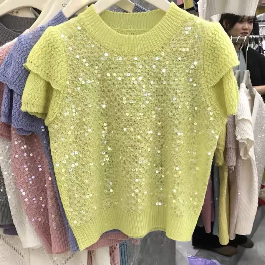 Short Sleeve Sequins Sweater for Women Summer O-neck Pink Knitted Pullover Tops Elegant Chic Ladies Jumpers Knitwear Shirt Q906