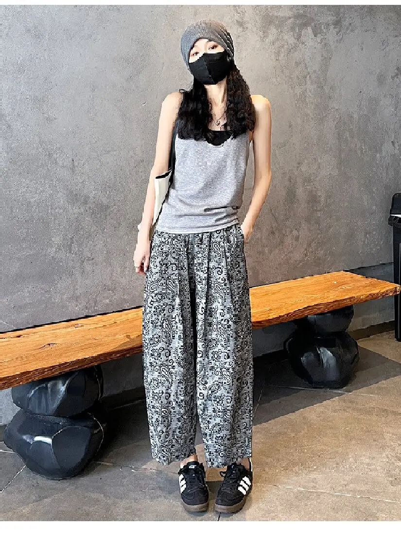 Cotton and Linen Jacquard Wide-Leg Pants, 2025 Summer Women's Linen Trousers, Lazy Style Cropped Pants