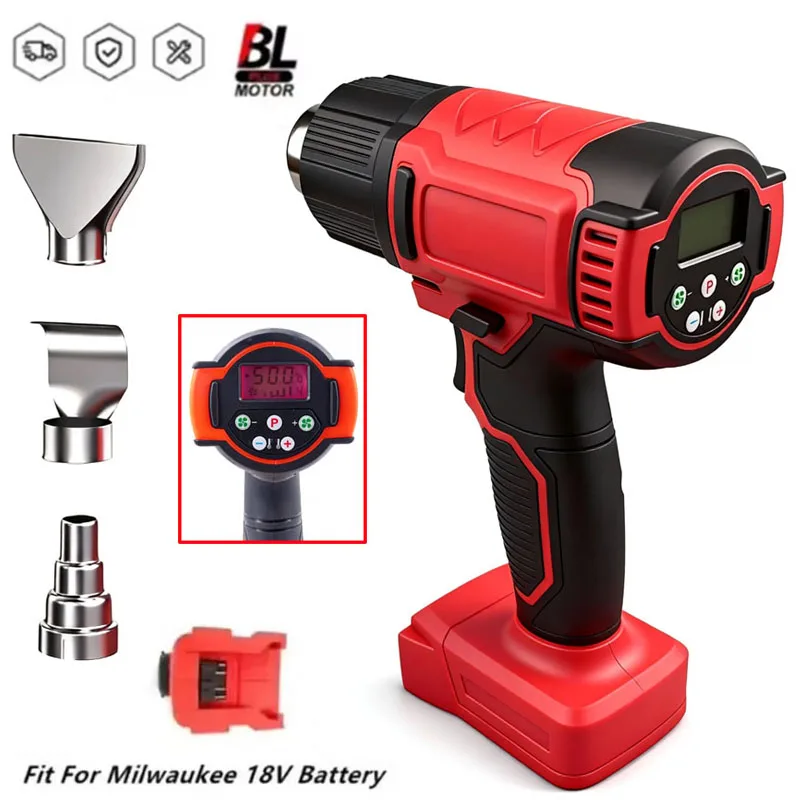 For Milwaukee 18V Battery Hot Air Gun 60-540℃ Adjustable Cordless Heat Gun with 3 Nozzle LCD Display Power Tools