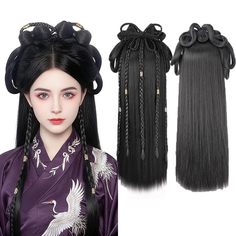 Chinese Ancient Hanfu Wig Synthetic Fiber All-In-One Full-Head Design Ancient-Style Hairstyle Braided Wigs Easy-To-Wear Headband