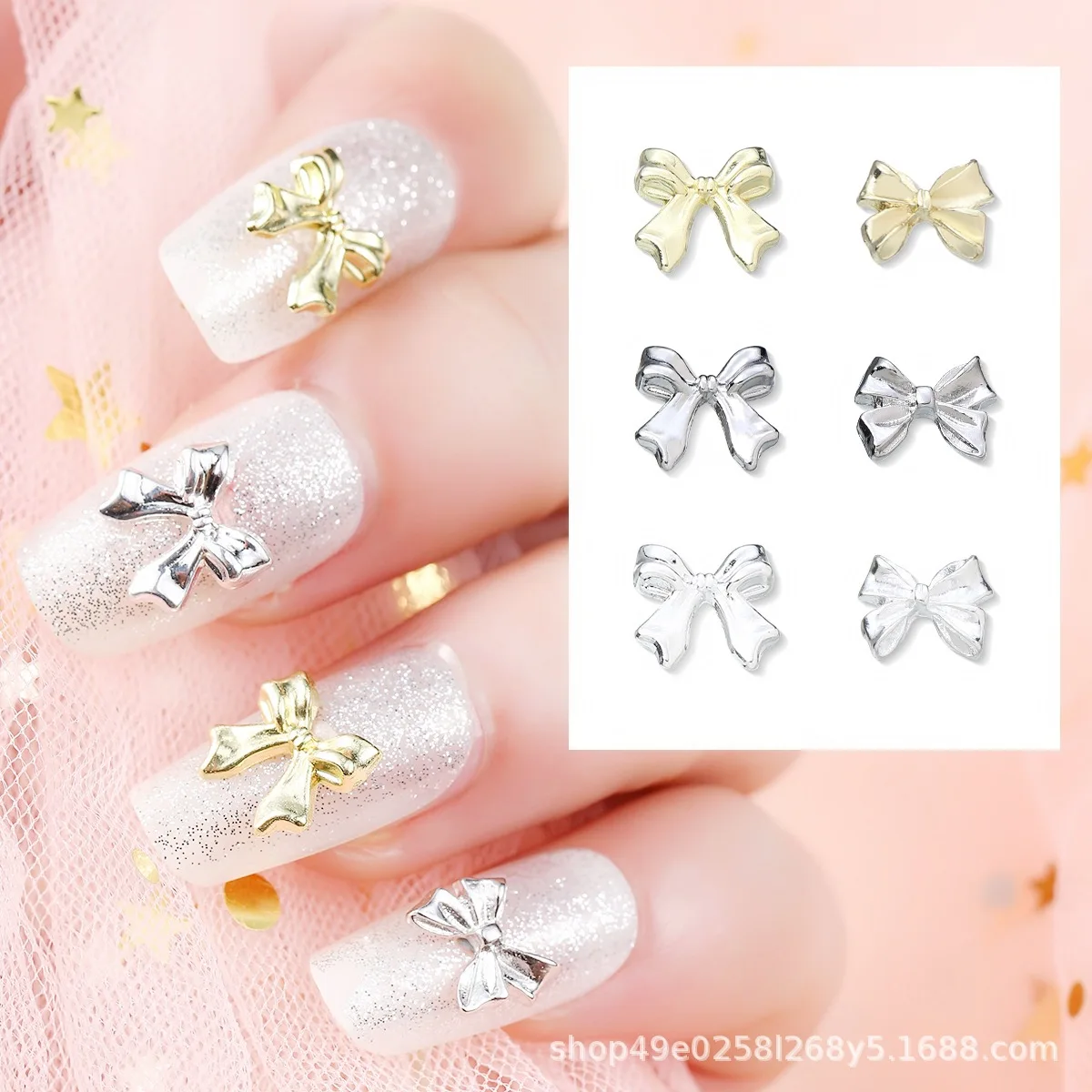 50Pcs/Pack Gold Bow Tie Nail Charms - Metal Alloy Rhinestone Nail Art, Cross-Border Press-On Nail Decor for Elegant Manicures