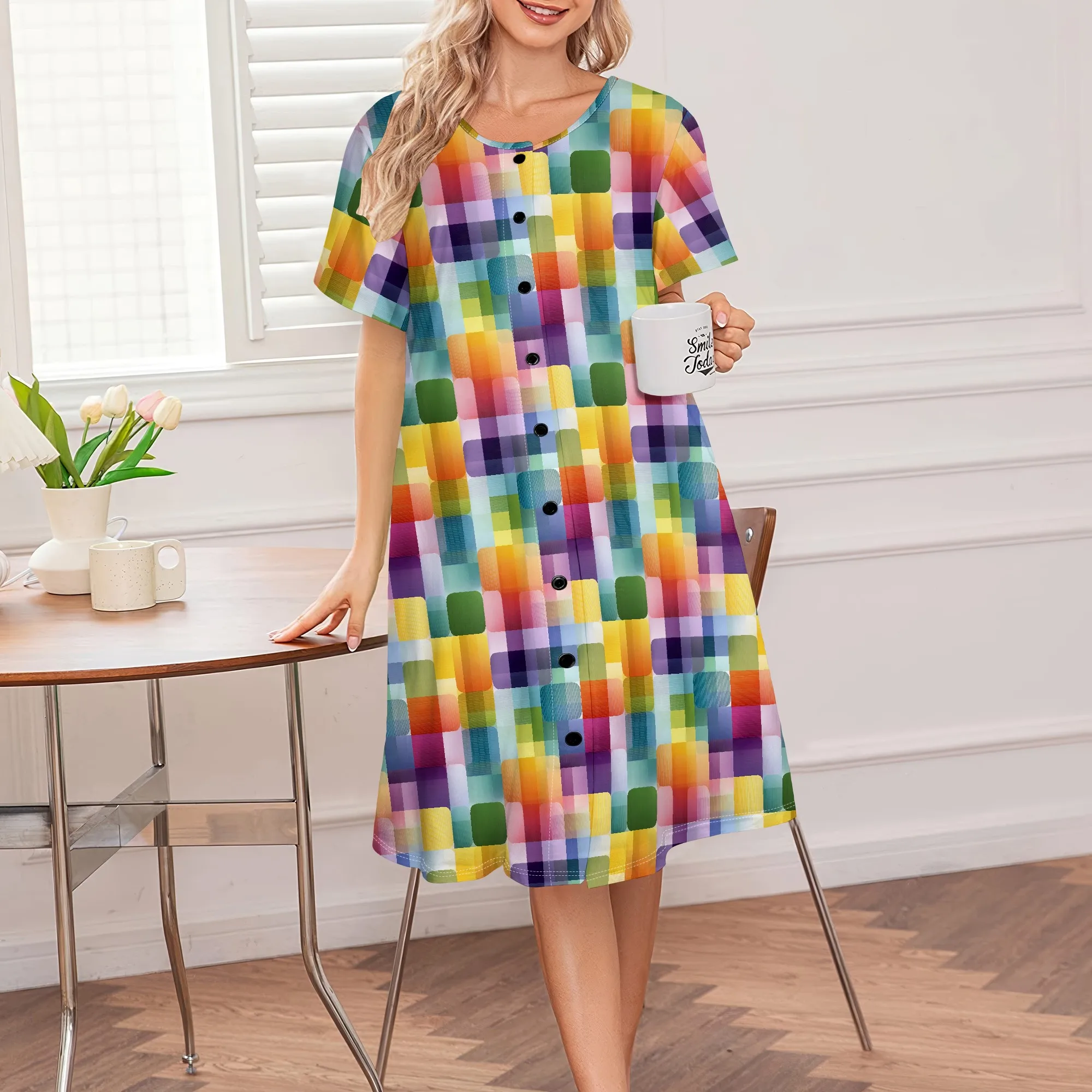 

Colorful Plaid Print Plus Size Dress Women's Casual Button-Down Summer Dress S-3XL Vibrant Daywear or Picnic Outfit