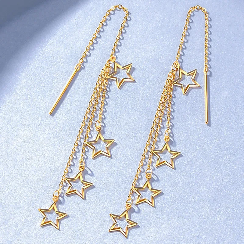 

24K real gold starry tassel earrings five-pointed star AU999 gold long fashionable earrings earrings for women