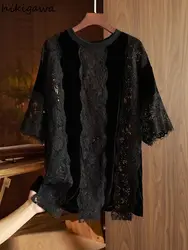 2024 Blusas Mujer De Moda Summer Blouse for Women O-neck Short Sleeve Patchwork Lace Shirts Chic Vintage Black Blouses Tops