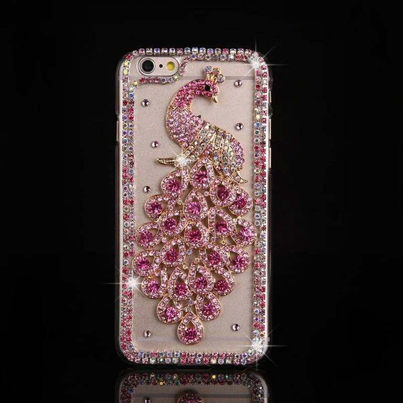 Cases for iPhone 16 16e 15 14 13 12 11 7 8 Pro Max Plus X XS XR SE 2020 2022 Case Diamond Phone Cover coque Peacock Rhinestone