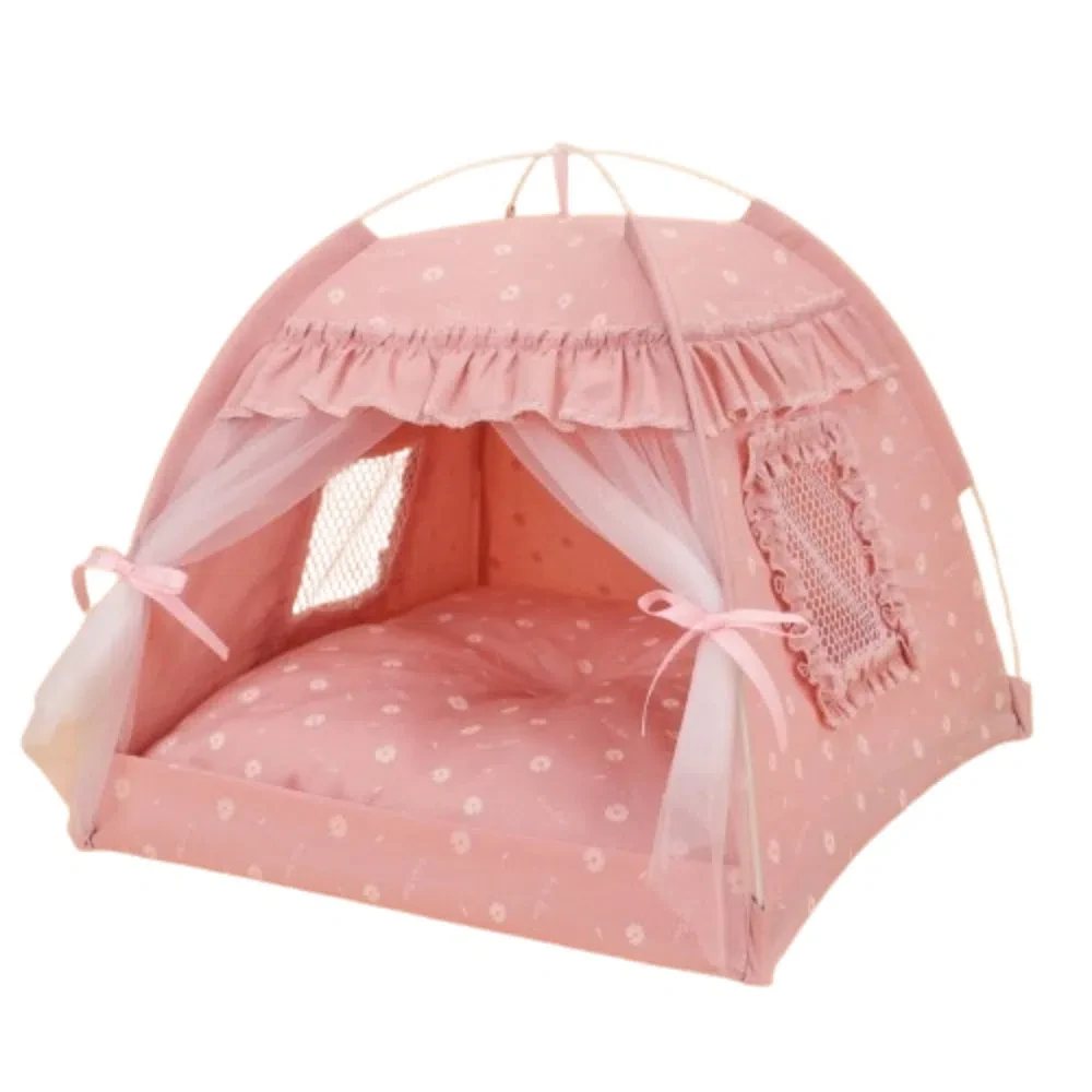 

Sweet Foldable Princess Cat Bed Comfortable Cute Pet Tent House Floral Print Detachable Cushion Dog Basket Beds Indoor
