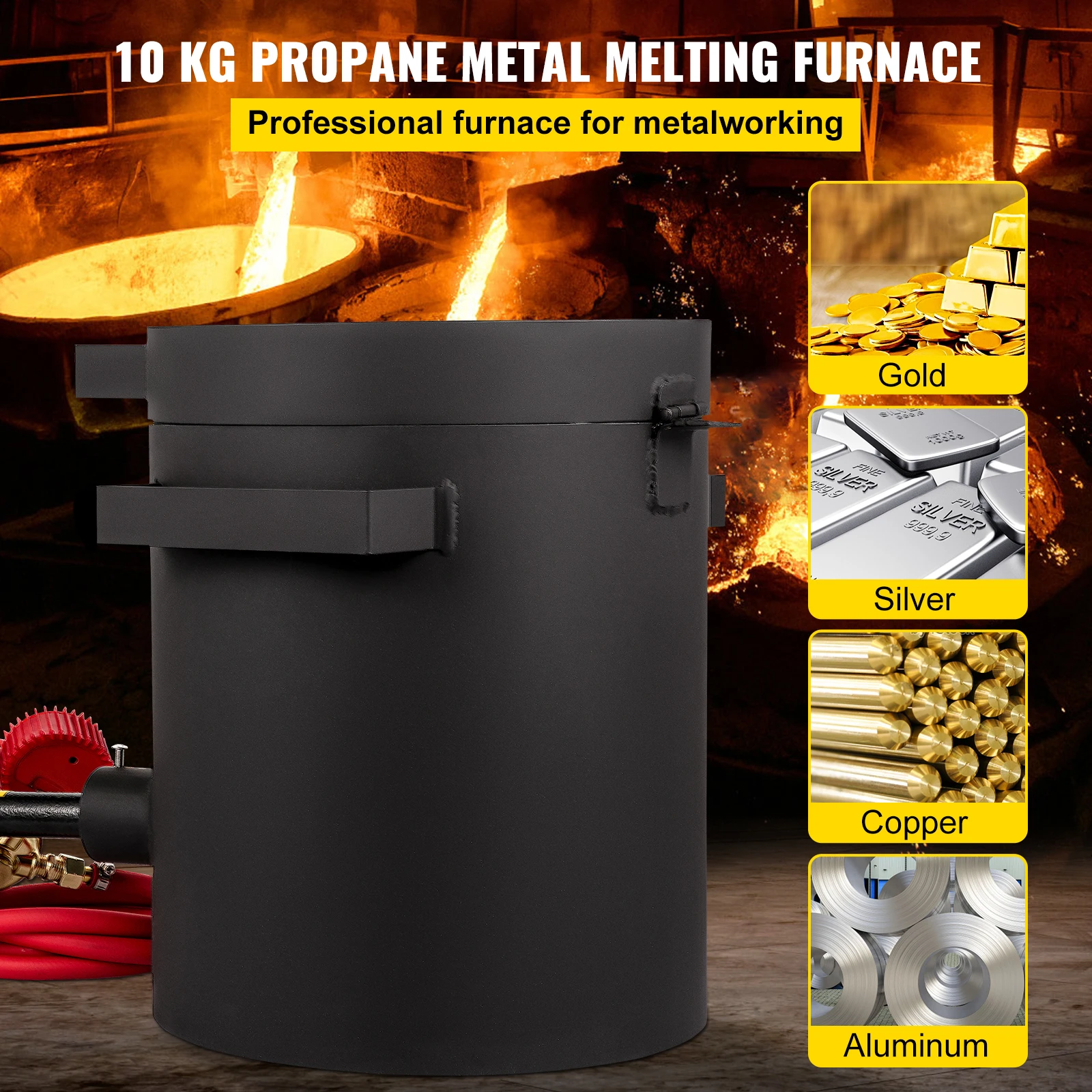 VEVOR Propane Melting Furnace 2/4/5/6/10 KG Metal Foundry Furnace Kit w/ Graphite Crucible & Tongs Casting Smelting Devil Forge