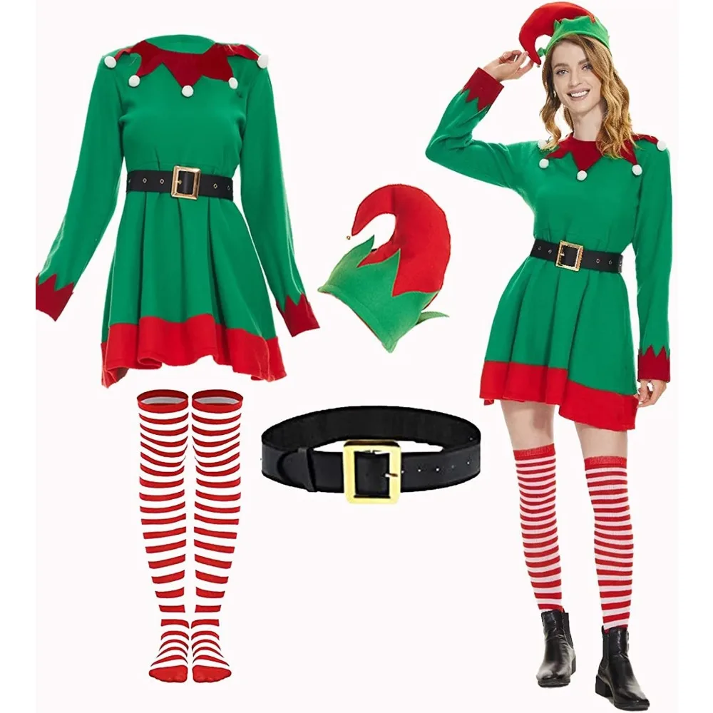 

Adult Christmas Elf Costume Women Dress Women' Clothing Elf Cosplay Family Carnival Party New Year Xmas Fancy Clothes Christmas