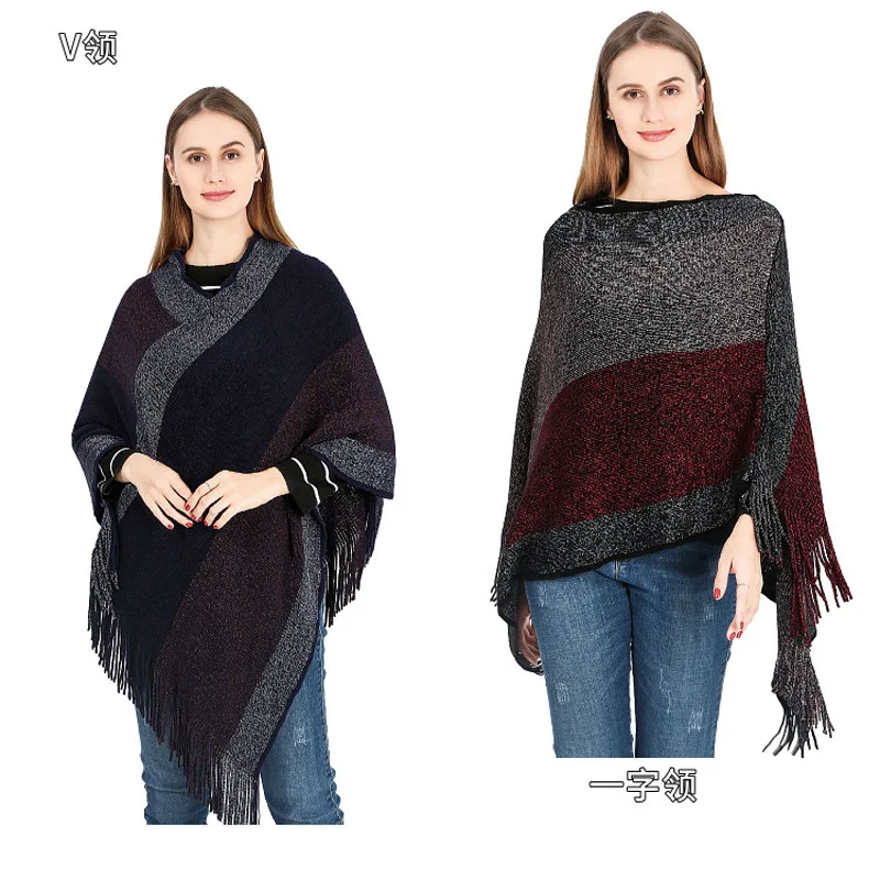 

2022 New Autumn Winter Warm Cape Color Silk Thread Over Cape knitted Cape Tassel Cape Lady Stripe Ponchos P2