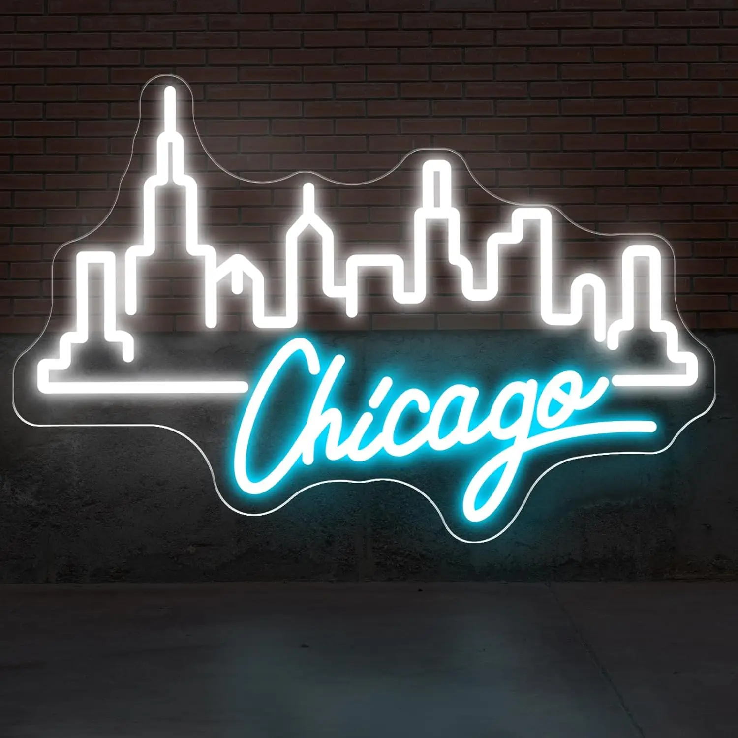 

Chicago Neon Sign Skyline Decor Soft edgy light, cool-toned, cool and premium