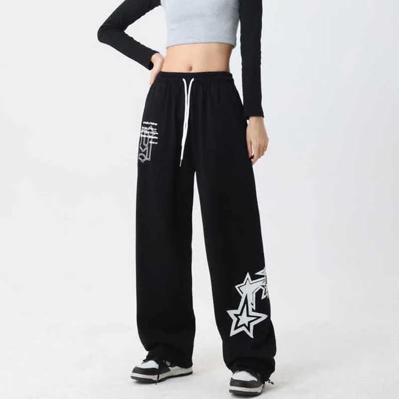 Hip hop streetwear jogging oversize sweatpants feminino novo cordão elástico da cintura estrelas perna larga baggy calças esportivas casuais