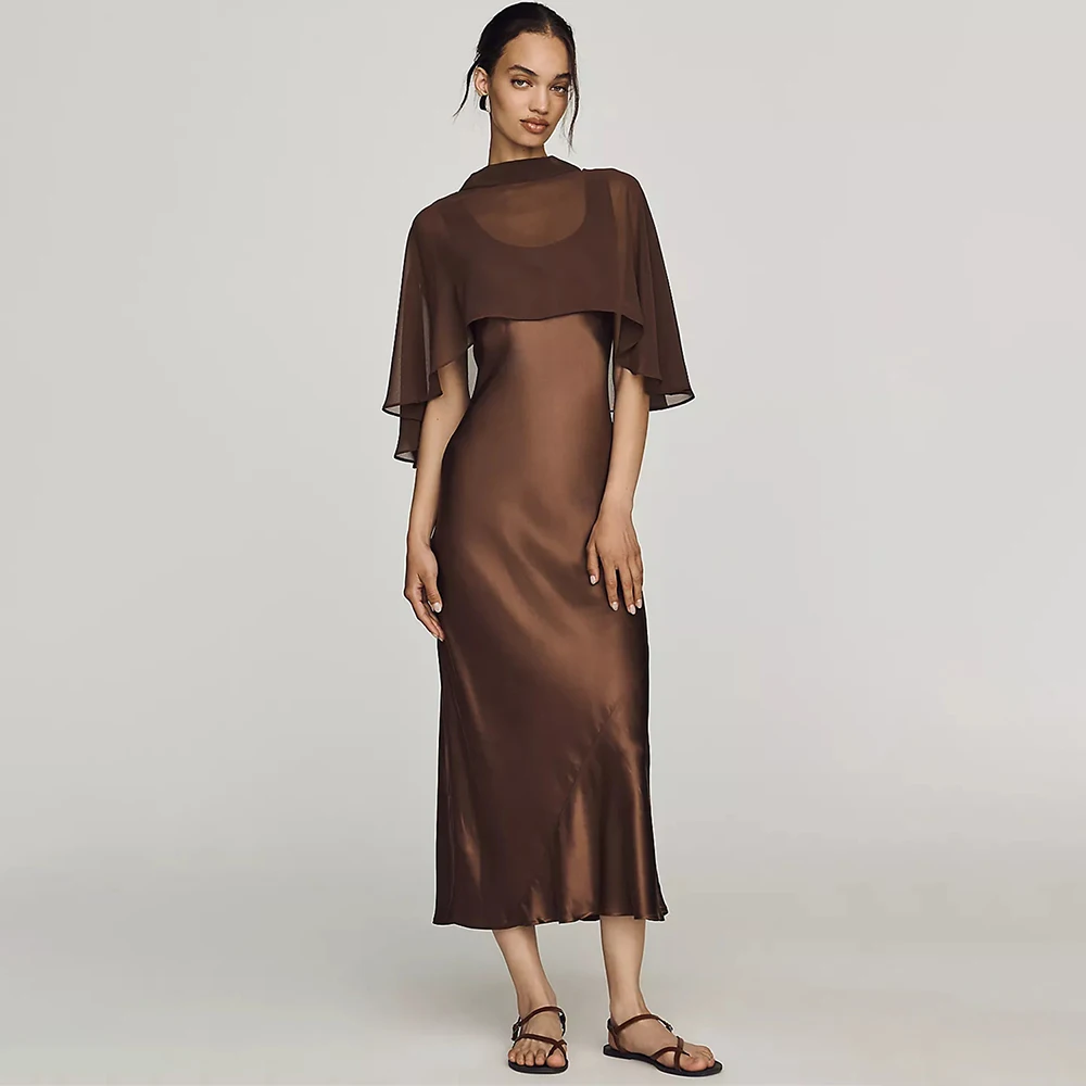 Vestidos de Noche Elegantes para Mujer, Vestidos Formales de Gala con Capa, Manga Media, Corte Columna, Vestido de Fiesta de Boda, Vestido de Gala, Vestidos de Fiesta