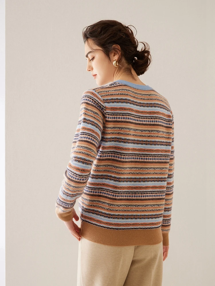 ADDONEE Women Jacquard Cashmere Sweater Autumn Winter O-neck Pullover 100% Cashmere Knitwear Vintage Style Clothing Soft Warm