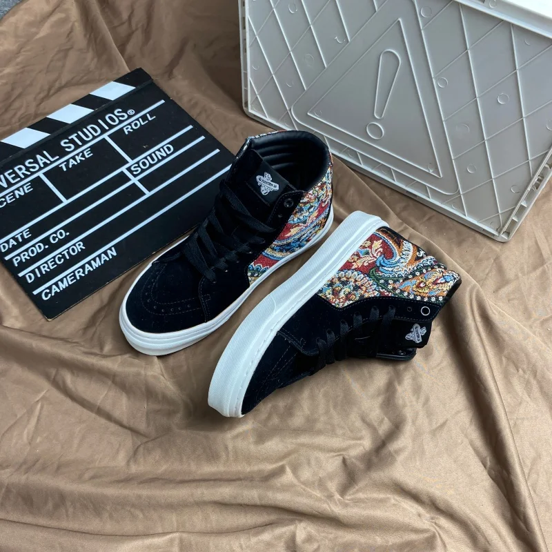 American High Street Black Jacquard High Top Shoes for Men, Retro Ethnic Style Splicing Casual Shoes, Large Sizes 36-48, Trendy