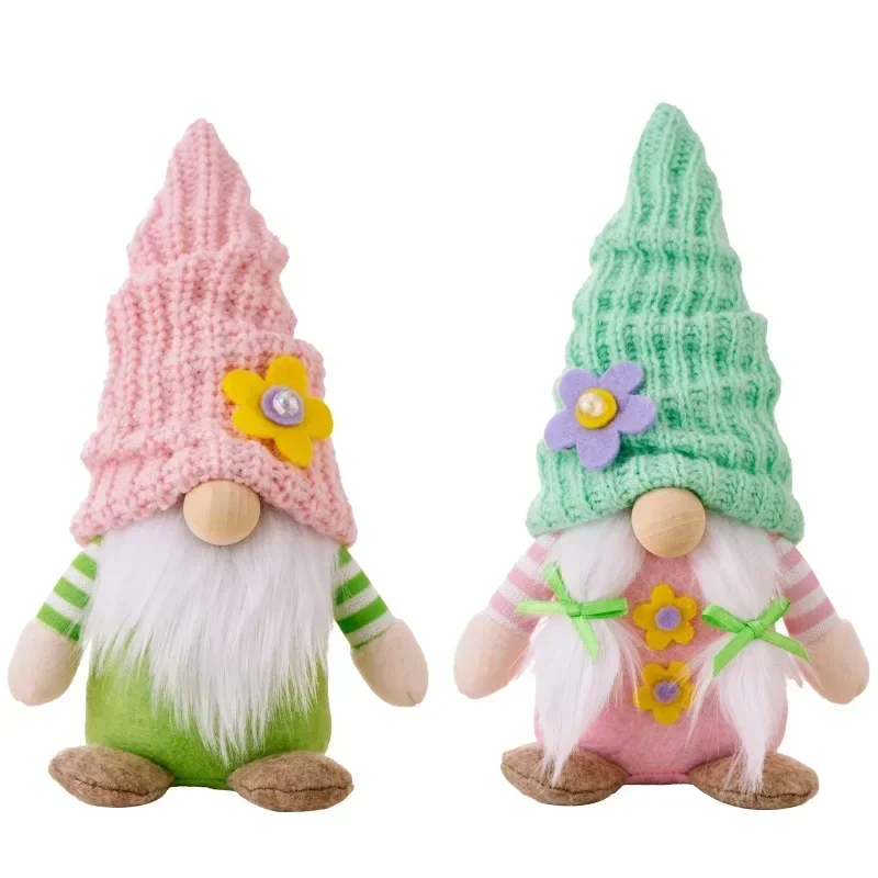 Charming Figurine Set with A Spring Faceless Doll and Knitted Hats Living Room Decoration